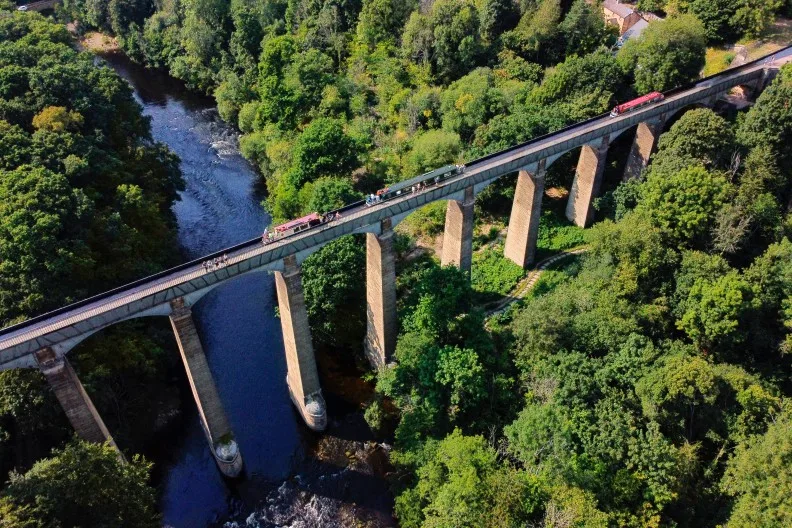 Aerial view of the Pontcysyllte Aqueduct, which carries the Llangollen Canal across the River Dee in the Vale of Llangollen, Wales, UK