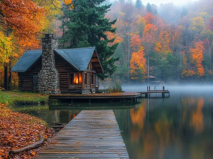 A wooden dock leads to an old log cabin on the edge of a misty lake