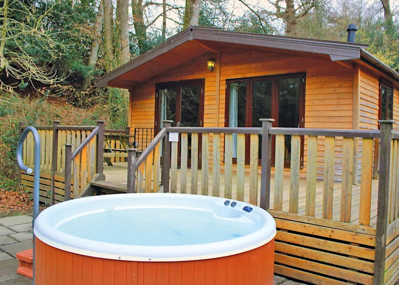Hot tub lodge at Sandy Balls Holiday Village (SABA) in the New Forest, Hampshire, England, UK