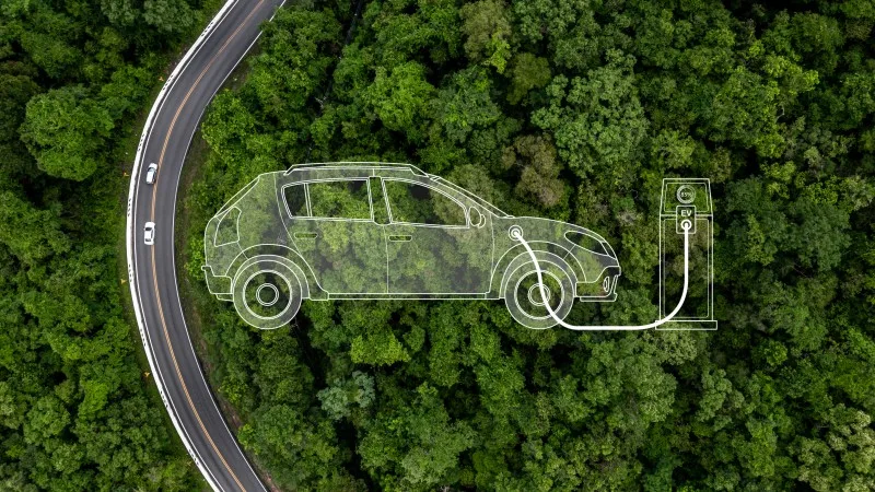 Eco car on forest road with earth planet going through forest, Ecosystem ecology healthy environment road trip travel,