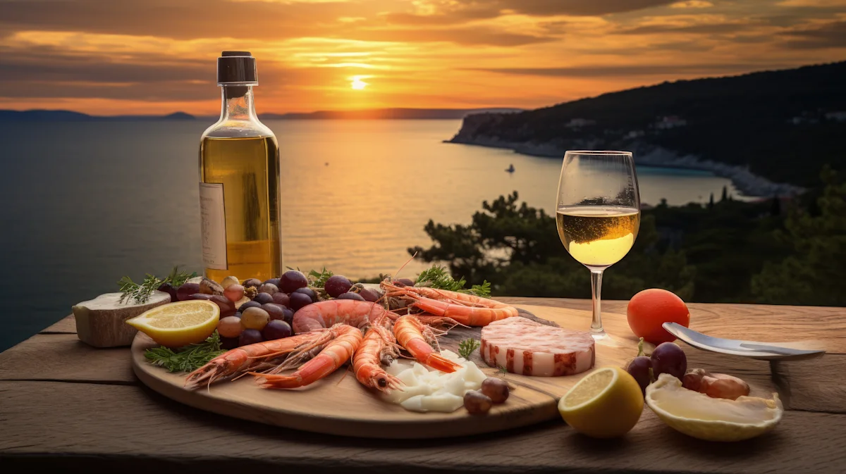 Luxurious seafood platter and a glass of wine with a stunning view of the Kvarner Bay and the Lošinj archipelago of the Croatian islands