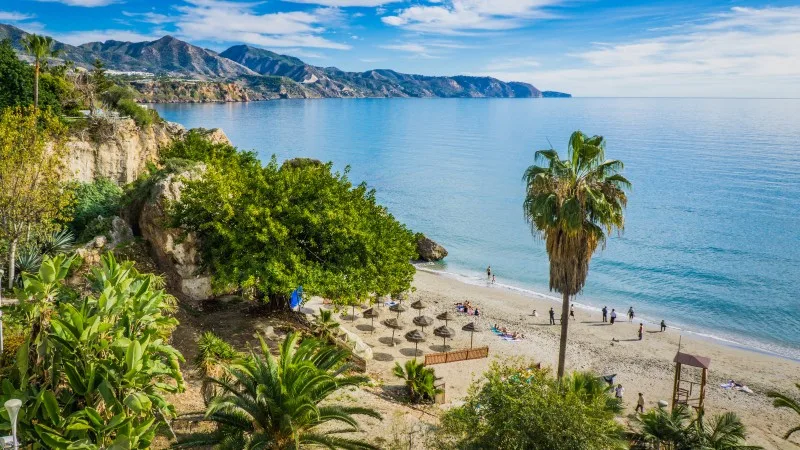 View on Nerja and the Costa del Sol blue waters from the Balcon de Europa in Andalucia