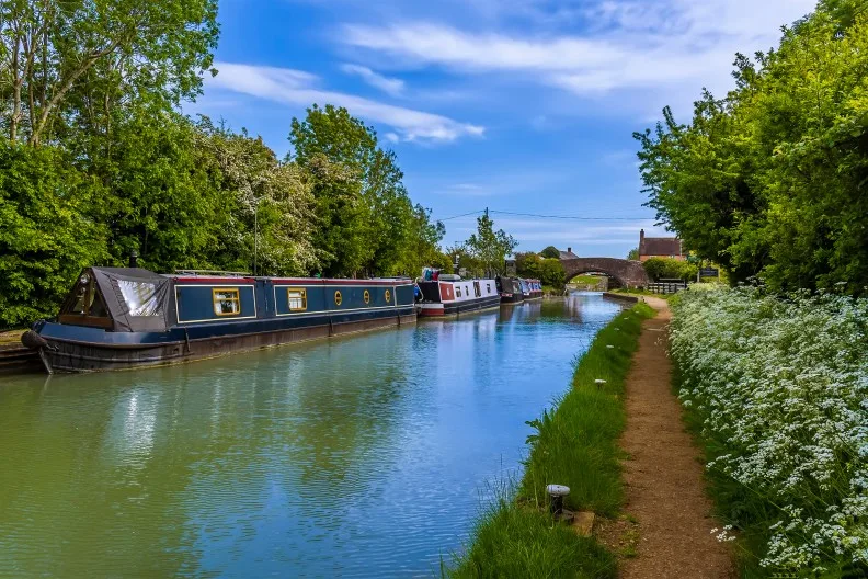The Oxford Canal in the village of Napton on the Hill, near Stratford-upon-Avon in Warwickshire, England, UK
