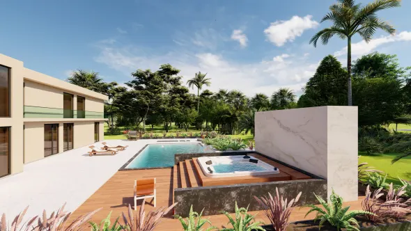 Terrasse eines Ferienhauses mit eigenem Whirlpool.