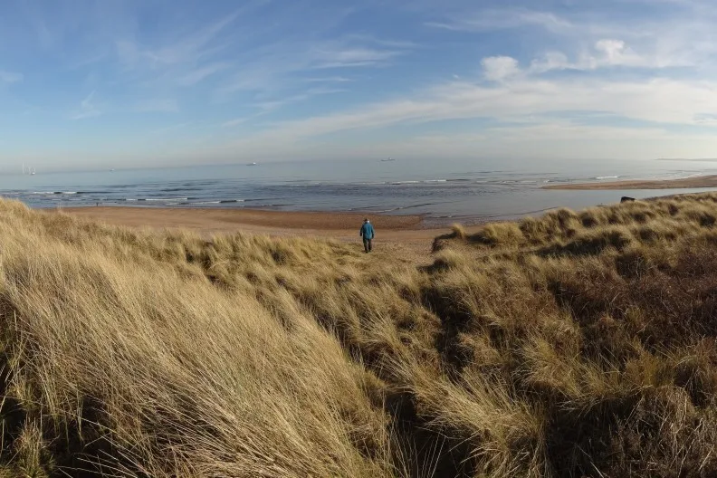 The mouth of the River Don from the beach in Donmouth Local Nature Reserve, Aberdeen, Scotland, UK