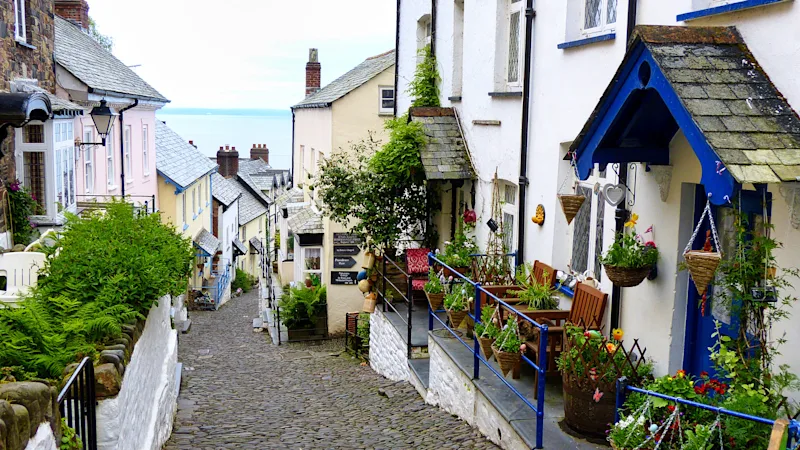 Pretty streets of Clovelly leading down to the sea in North Devon, UK