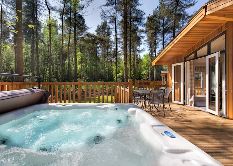 Hot tub lodge at Darwin Escapes (DARF) in Matlock, Peak District, Derbyshire, England, UK