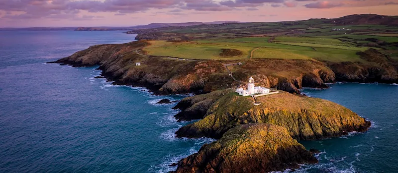Aerial view of Strumble Head Lighthouse, near Goodwick, Pembrokeshire, Dyfed, Wales