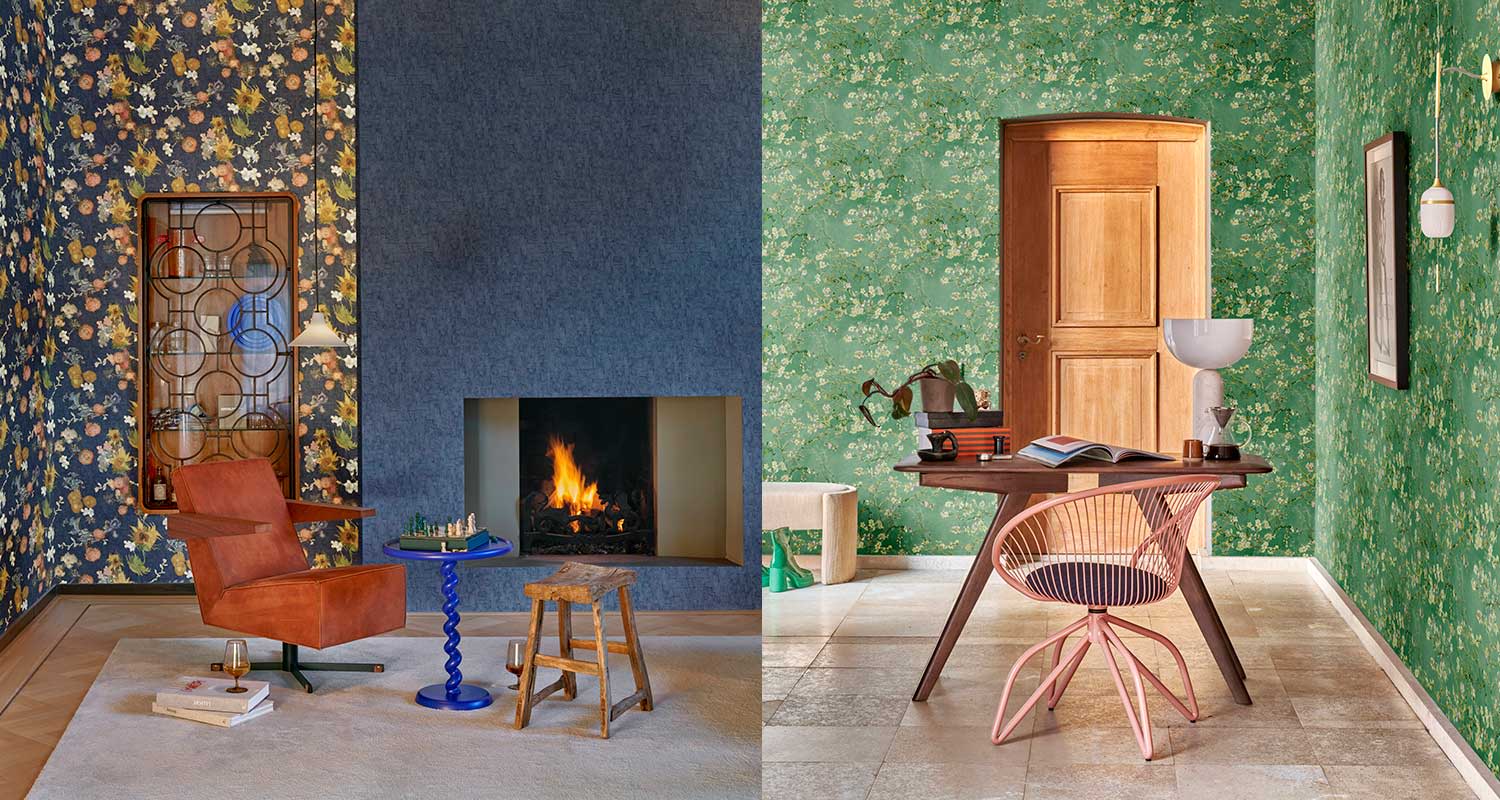 Sinistä sekä vihreää kukkakuosia Van Gogh -tapettimallistossa