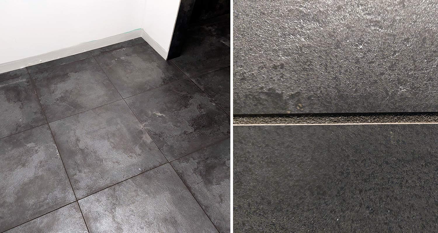 Isot laatat saumattuna Webercolor Evolution saumalaastilla, sävy black, kauempaa kuvattuna ja sauma lähikuvassa