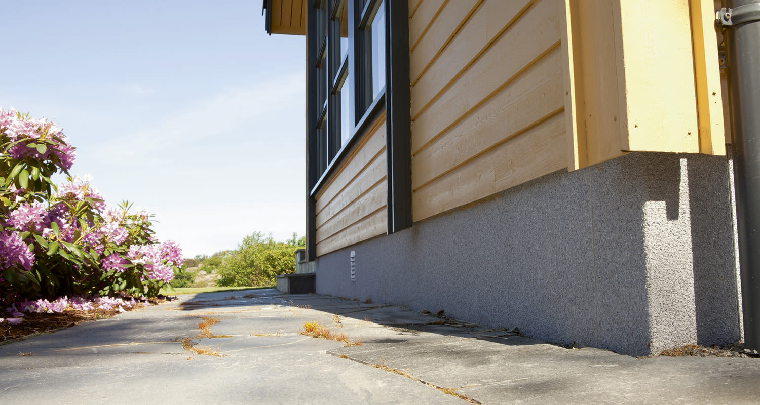 Keltaisen puutalon sivu harmaasokkelilla, betonipolku ja vasemmalla pinkki alppiruusu.