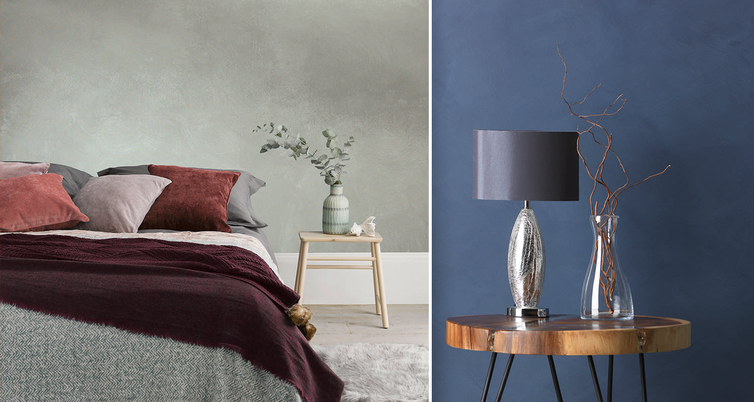 harmaan vihertävällä maalattu makuuhuoneen seinä ja sinisellä maalattu seinä