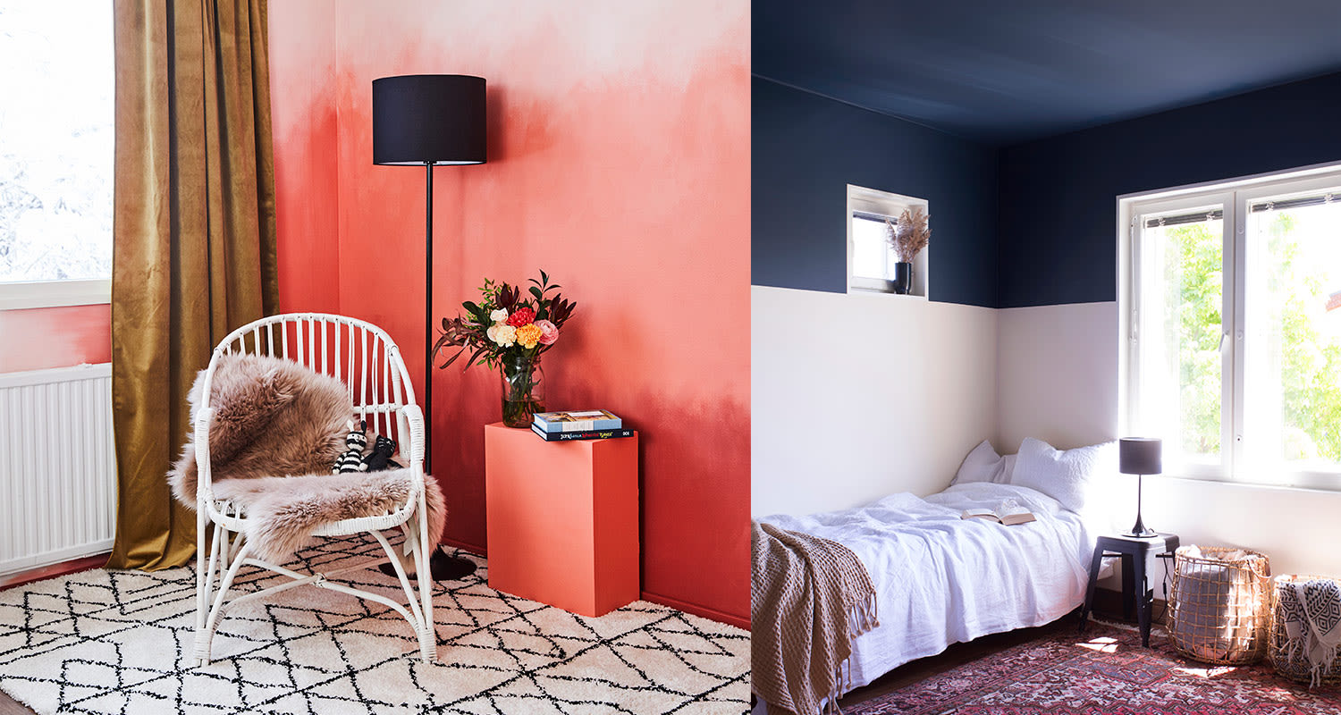 Korallinvärinen lukunurkka rottinkituolilla ja valko-sininen valoisa makuuhuone ikkunan vieressä.