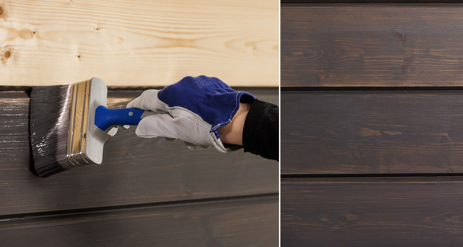 Kuvassa Teknos Woodes Premium -kuullotetta sivellään seinään. Tuotetta myy K-Rauta.