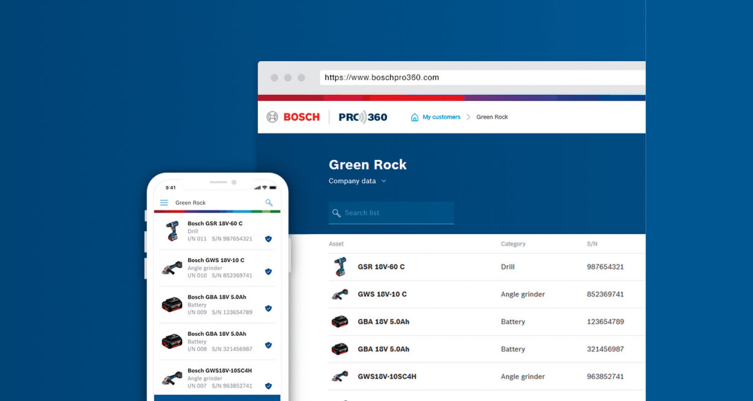 Bosch Pro360 sinisellä taustalla, Green Rock -asiakkaan työkalulista pöytä- ja mobiilinäkymässä.