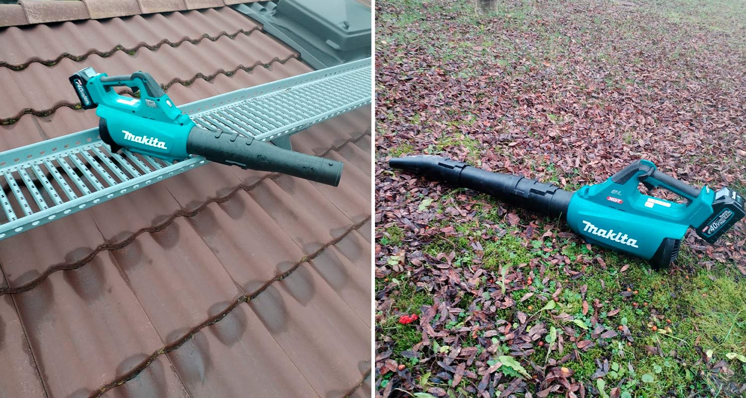 Testissä puhallin Makita UB001GZ 40V XGT hiiliharjaton, puhallin katolla sekä maassa lehtien keskellä. Tuote K-Raudan valikoimista.