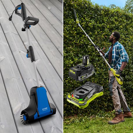 Testiin yhdelle terassipesuri Nilfisk TC50 sekä toiselle pensasleikkuri teleskooppivarrella Ryobi RY18PHT40A-0 18V ONE+ akun ja pikalaturin kera.