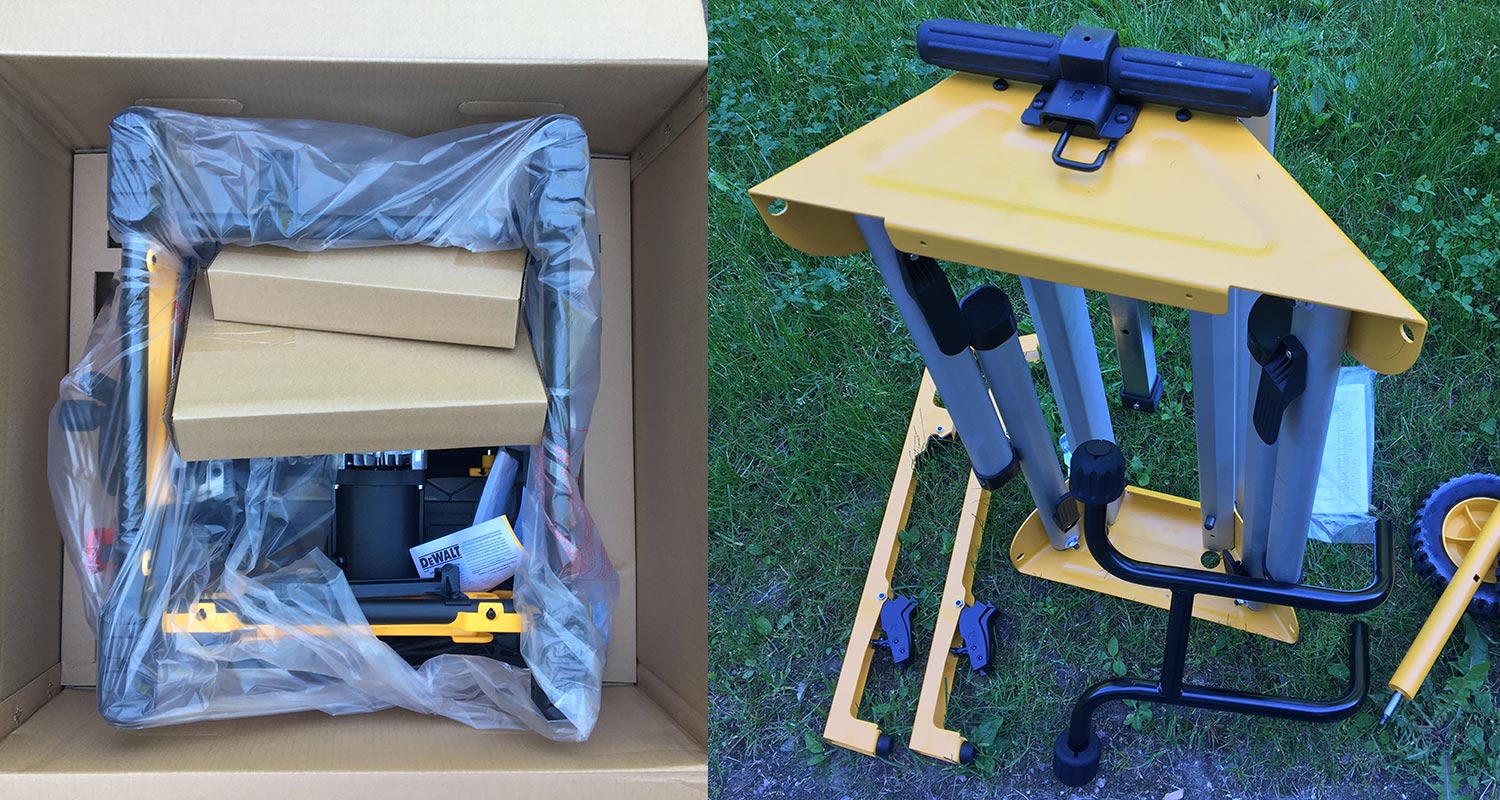 Dewaltin pöytäsaha jalustalla pakkaus ja sisältö