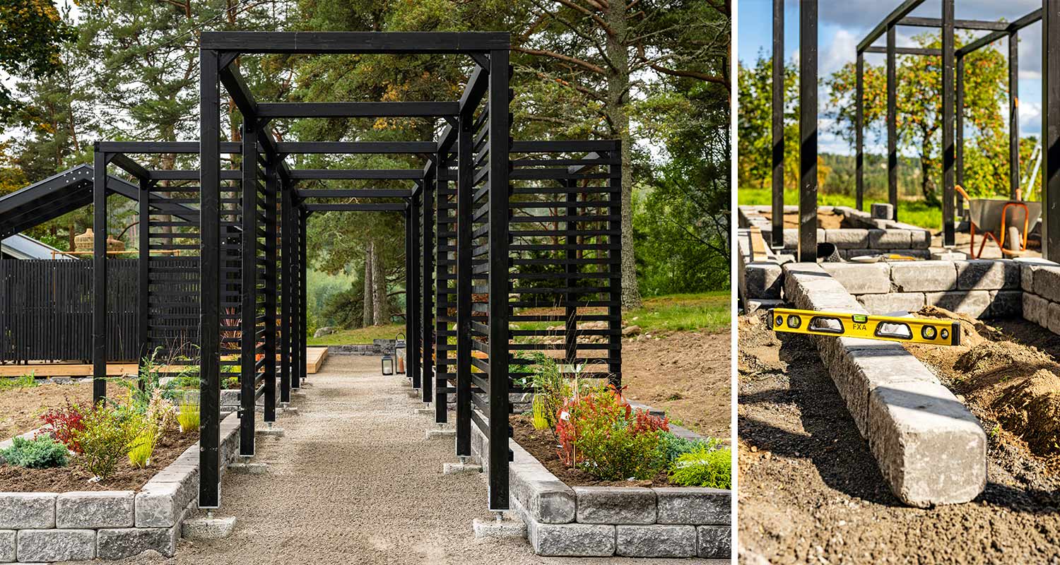 Tumma juoksupergola valmiina pihamaalla ja rakennusvaiheessa, tarvikkeet löydät K-Raudasta