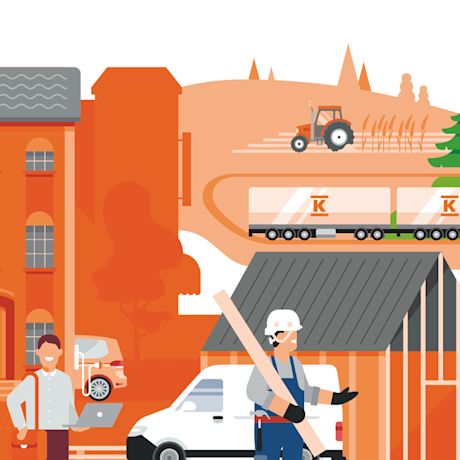 Oranssi piirros: kypärätyömies rakentaa puurakennetta, pakettiauto, pellolla traktori ja rekat.