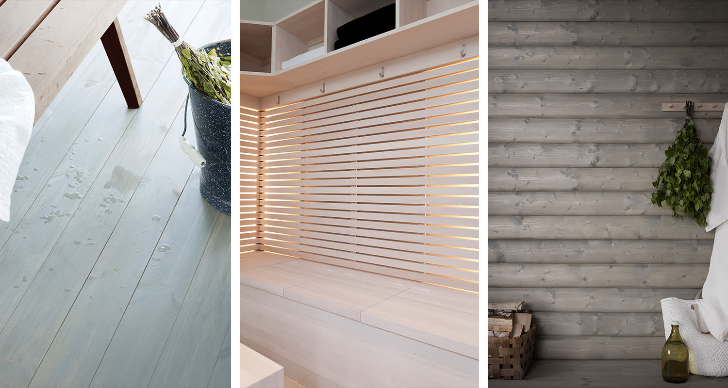 Märkä vaaleansininen lattia, saunalauteet valolistoilla ja harmaa hirsiseinä vihtakimpun kera