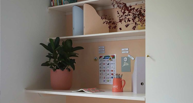 Valkoinen hylly persikkaseinällä, pinkki ruukku ja vihreä kasvi, oranssi kynämuki ja aakkostaulu