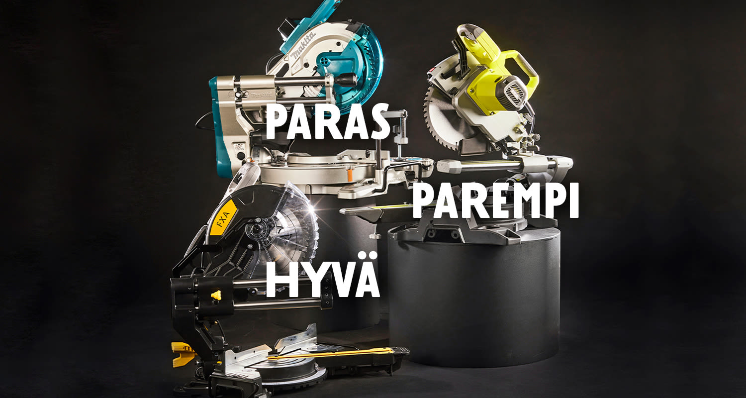 Kuvassa FXA:n, Ryobin sekä Makitan katkaisu- ja jiirisaha.