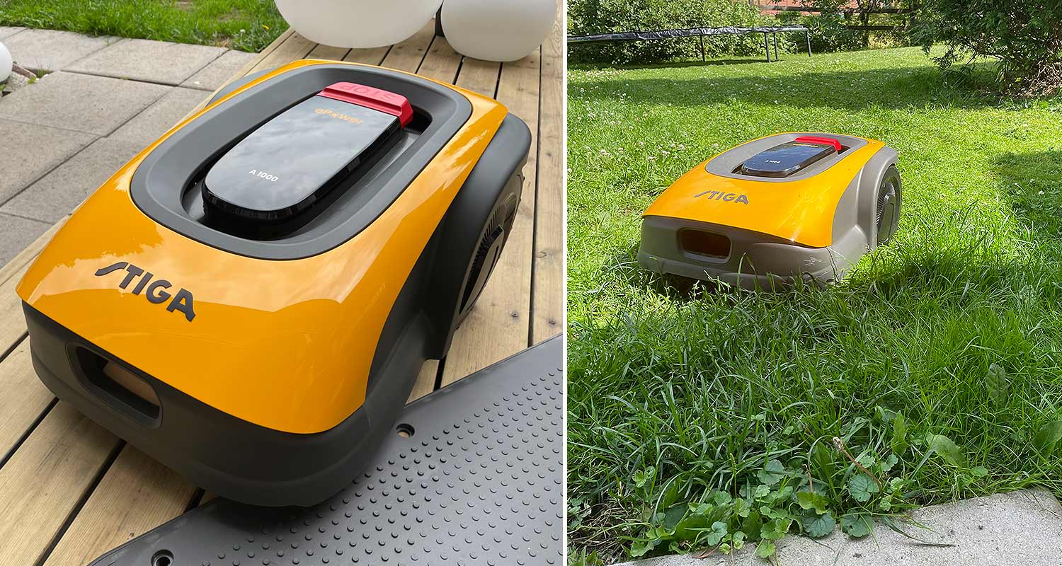 Kuvassa testaajan kokeilema robottiruohonleikkuri Stiga A 1000