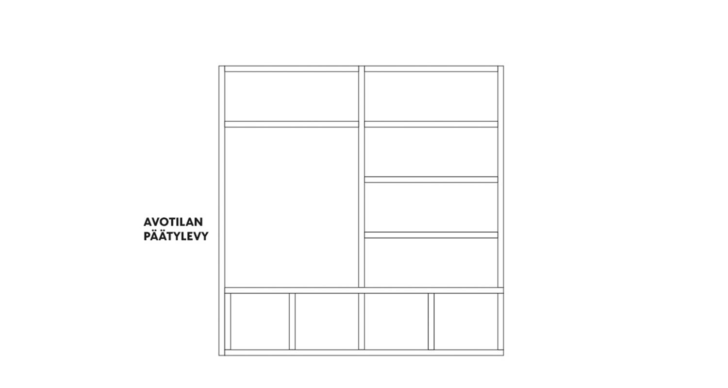 Mustavalkoinen viivapiirros hyllyköstä: vasen iso avotila, oikealla hyllytasot ja neljä lokeroa.