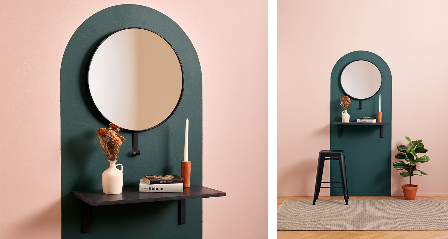 Peilin tehosteseinän teko-ohjeiden viimeinen vaihe. Kuvassa valmis tehosteseinä sekä pelili ja sisustus.