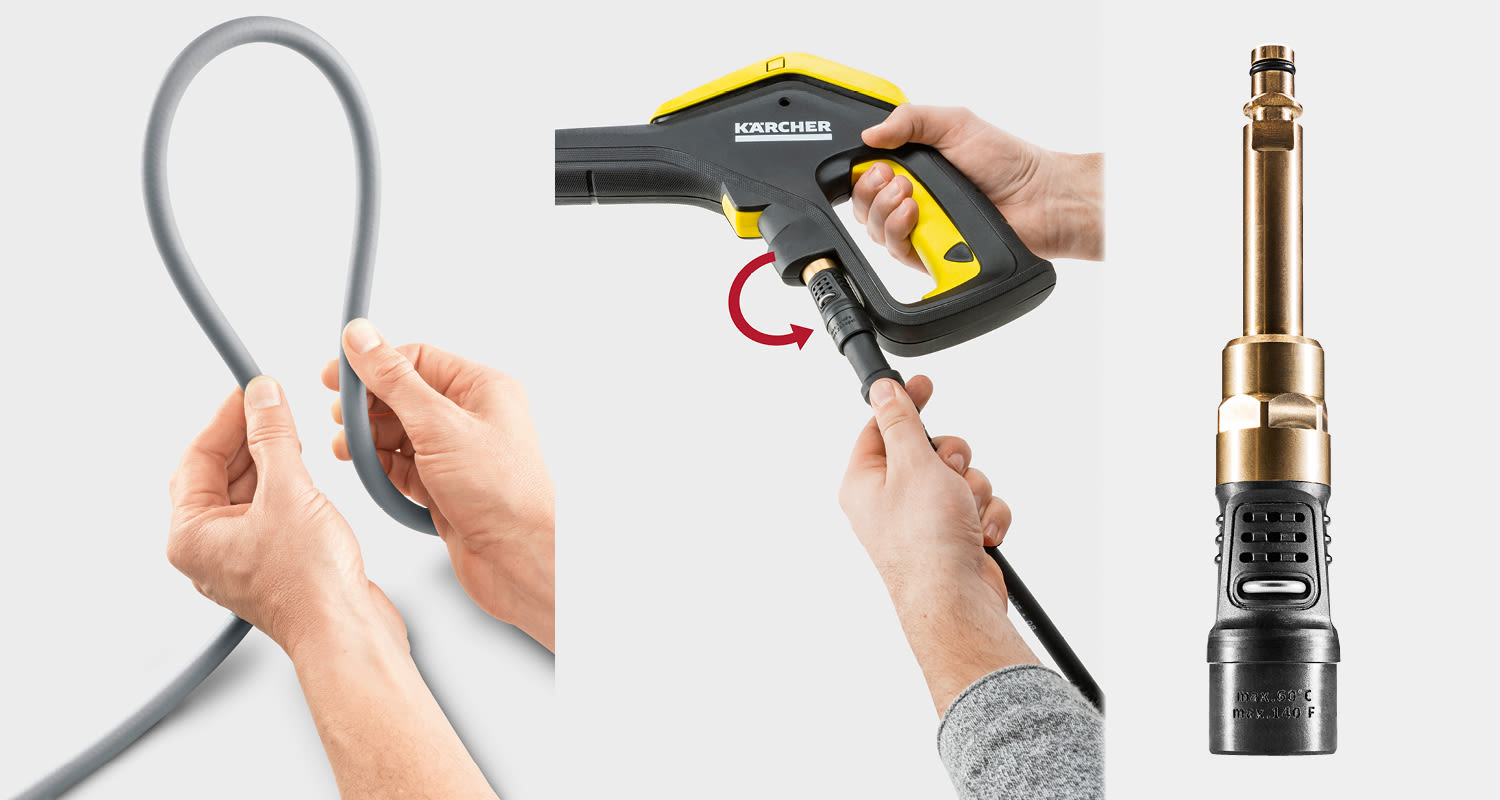 Harmaa letku liitetään keltamustaan Kärcher-pistooliin, oikealla messinkimusta suutin