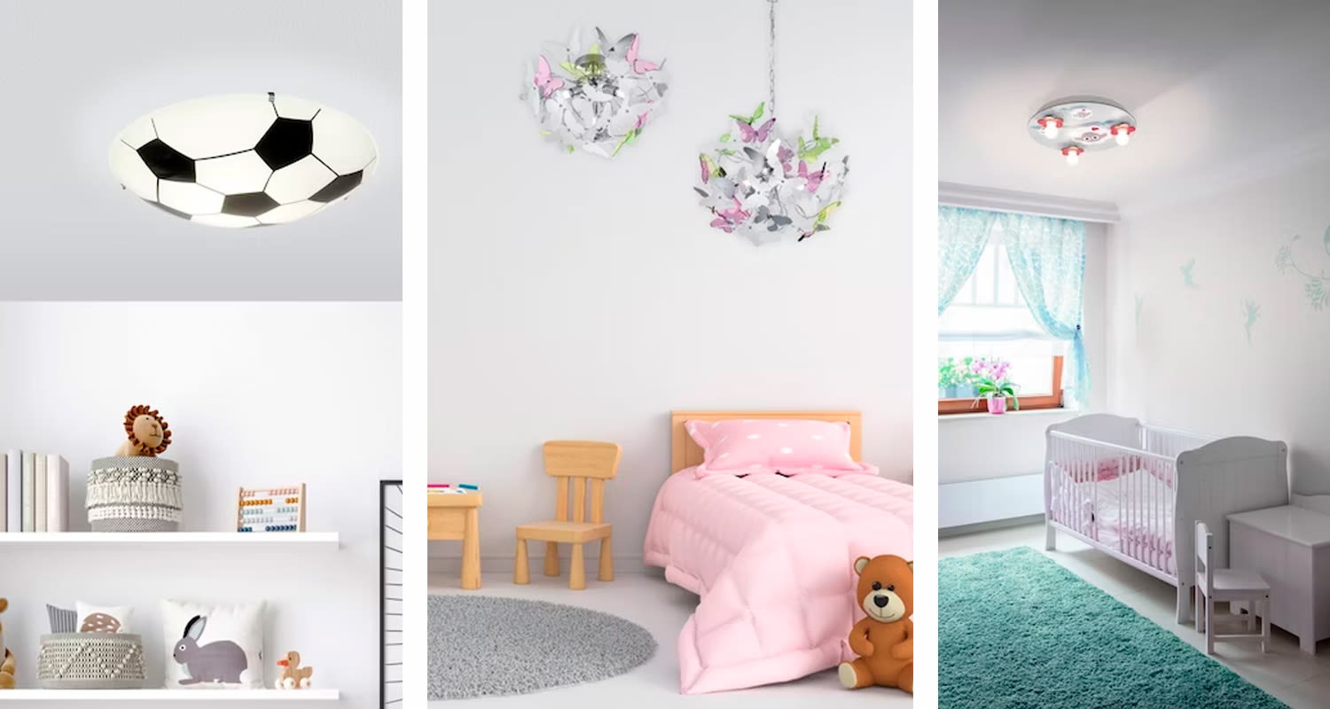 Valaistussuunitelma K-Raudan vinkeillä. Kuvassa kolme erilaista lastenhuoneen valaisinta.
