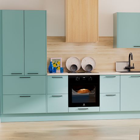 Kuvassa heleän vihreä Cello-keittiö. Yllättävän edullinen Cello-keittiö. Osallistu arvontaan ja voita keittiöösi kodinkoneet