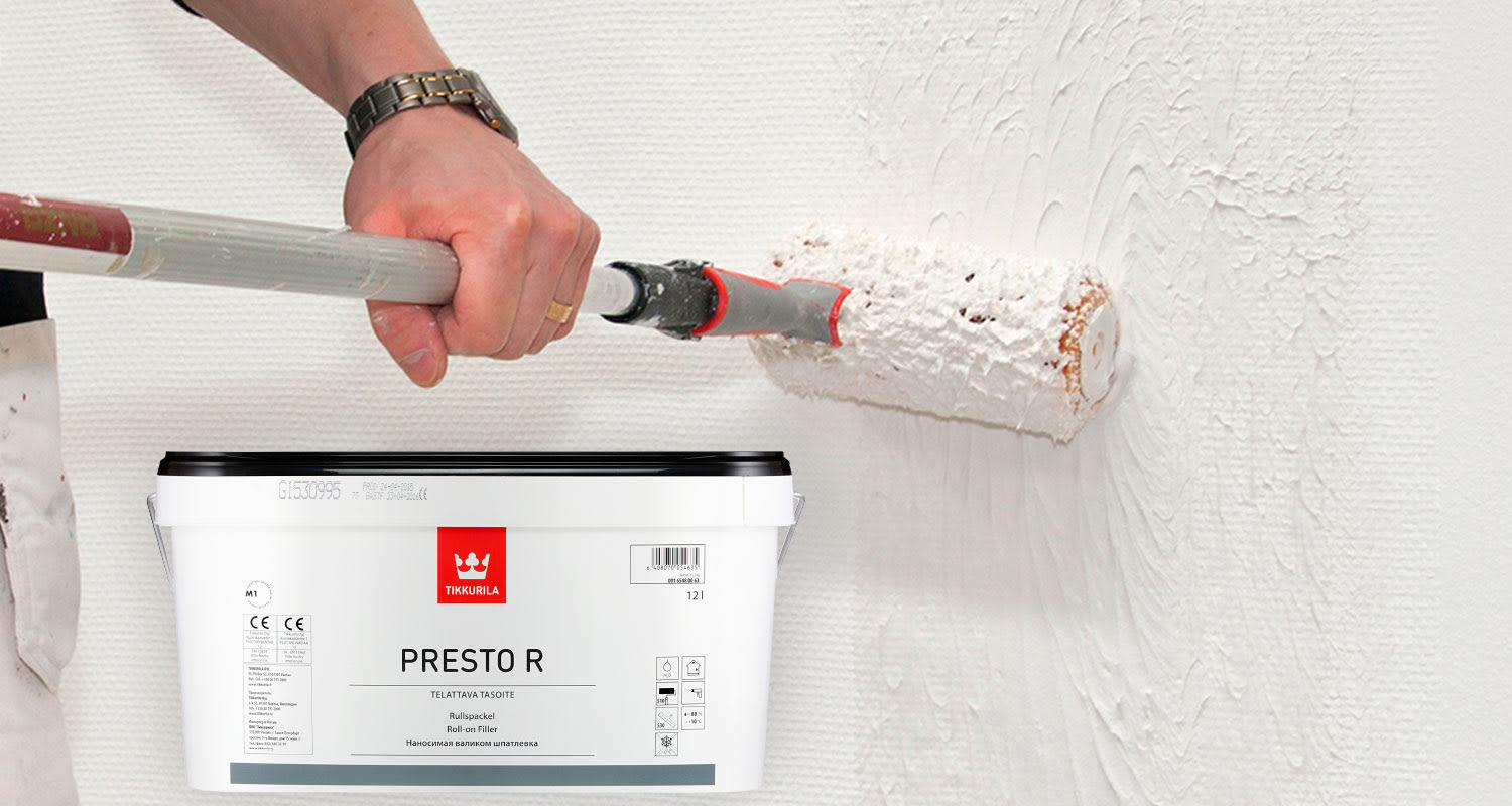 Tasoitteen levitys menossa, Tikkurilan Presto R tasoitetaan telalla, tuote myynnissä K-Raudassa