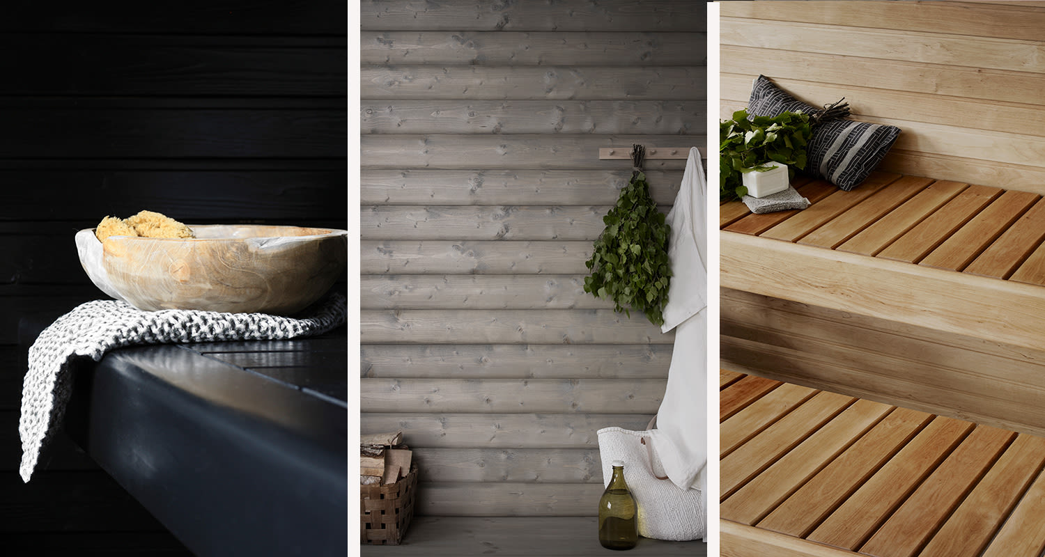 Kolme erilaista saunan ilmettä toteutettuna Tikkurilan Supi-tuotteilla.