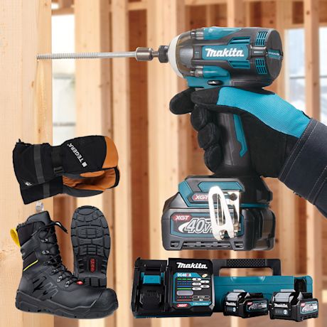 Makita XGT -iskuruuvinväännin, Makita-akut ja laturi sekä Jalas-turvakengät ja Tegera-talvikäsineet työmaakäyttöön.