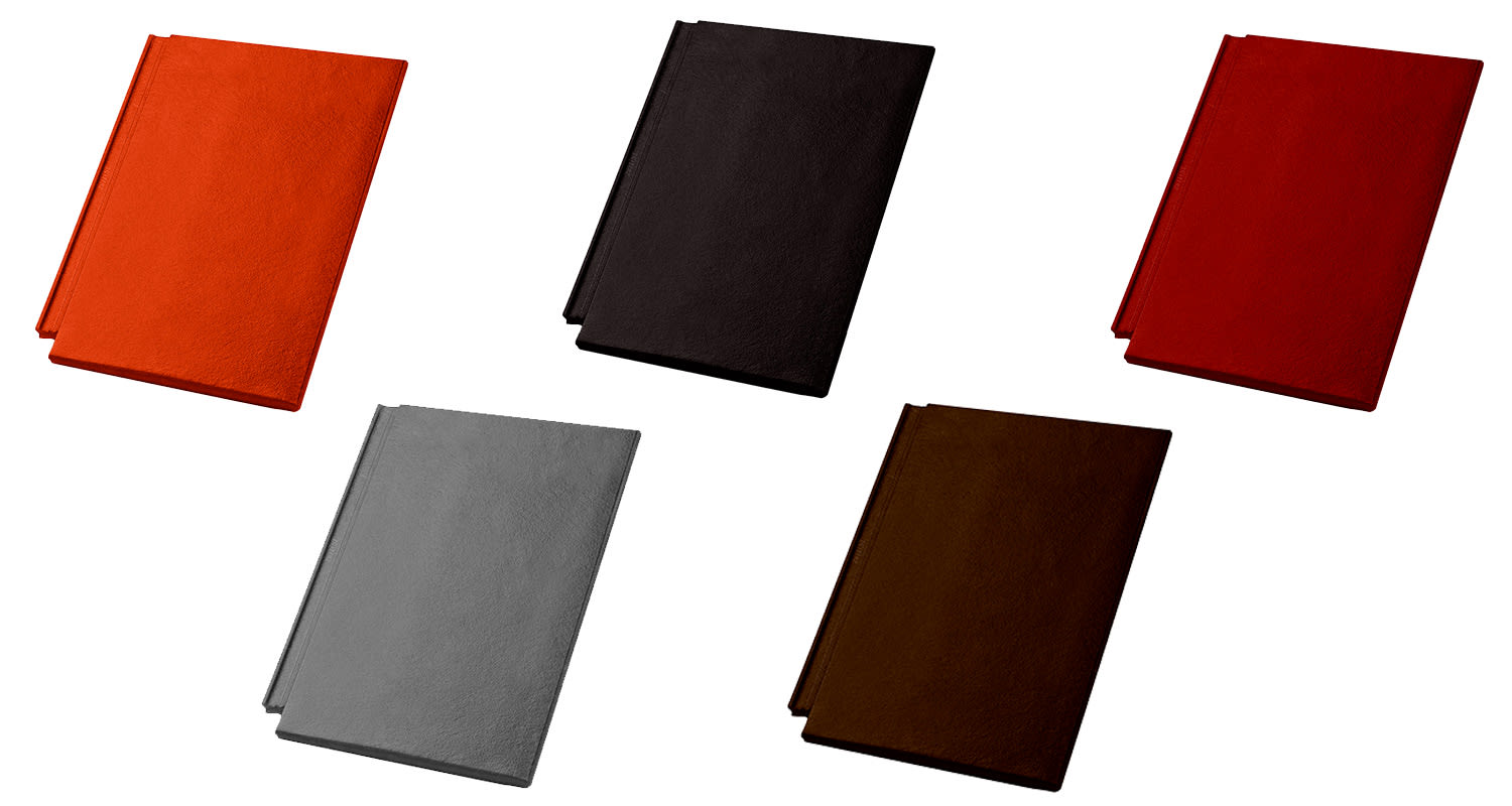 Viisi kovakantista kirjaa eri kulmissa, värit oranssi, musta, punainen, harmaa ja ruskea valkoisella taustalla.