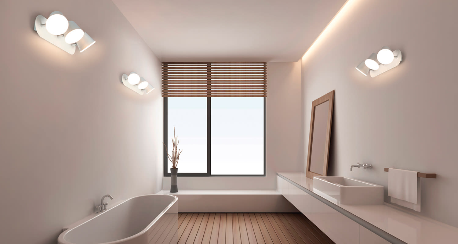Pelkistetty vaalea kylpyhuone, jossa 3-osaiset Ledvancen spottivalot, valaisimet myynnissä K-Raudassa