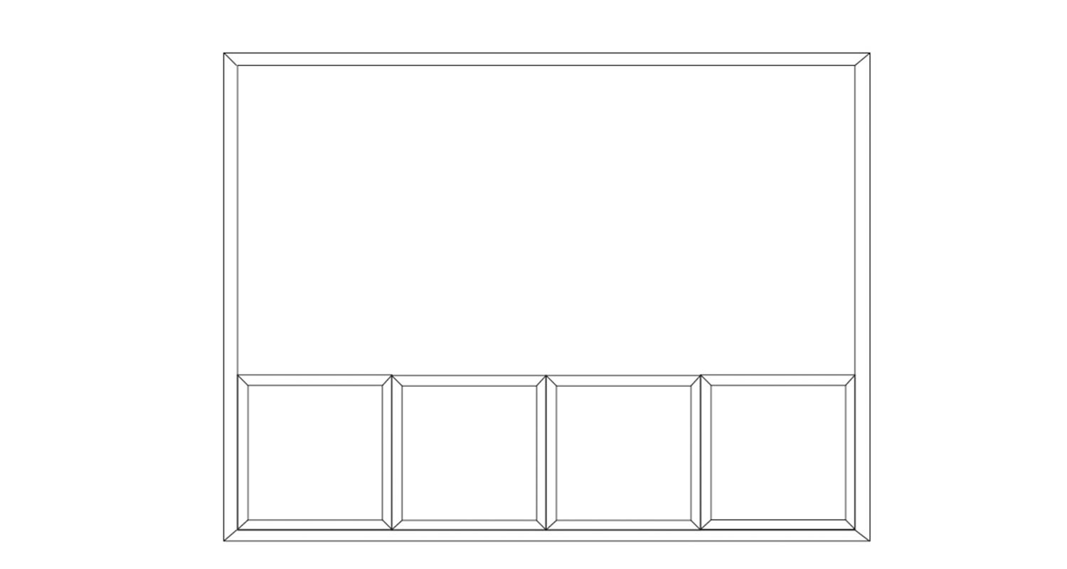 Viivapiirros: yläreunassa leveä suorakulmio, alhaalla neljä vierekkäistä neliötä.