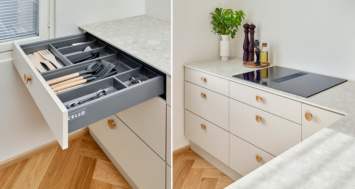 Lähikuvassa uuden keittiön aterinlaatikko sekä liesitaso. Keittiö löytyy K-Raudan Cello-keittiön valikoimista. Samoin muut materiaalit keittiöön hankittiin K-Raudasta.