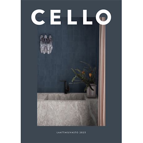 CELLO-kansi: tumma sininen laataseinä, harmaa marmoriallas, musta hana, kristallilamppu ja kasvi