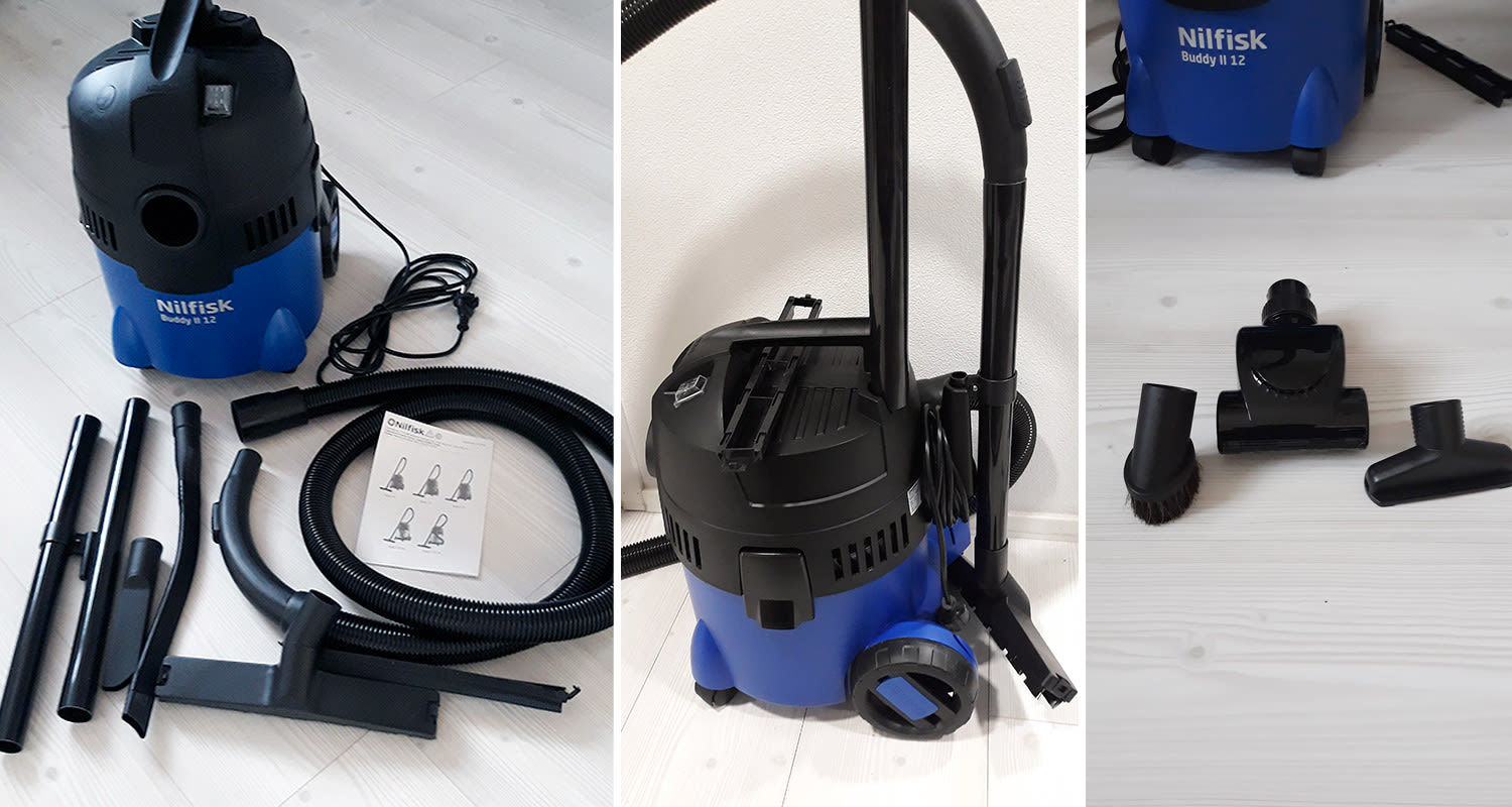 Nilfisk Buddy märkä-kuivaimuri eri kulmista ja suulakkeet