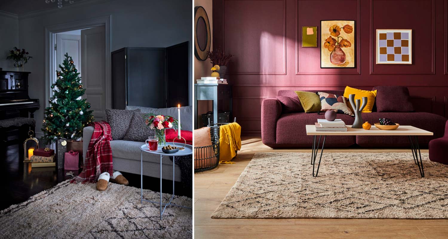 Kaksi olohuonetta: vas. jouluinen harmaa sohva ja kuusi, oik. burgundin sohva keltaisilla tyynyillä.