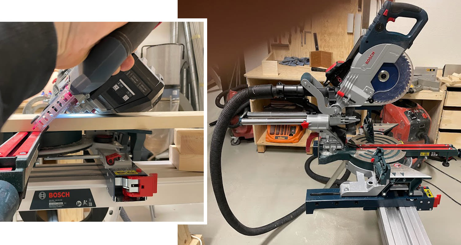 Sivuttaissuunnasta kuvattuna akkukatkaisu- ja jiirisaha Bosch GCM 18V-216 DC Solo