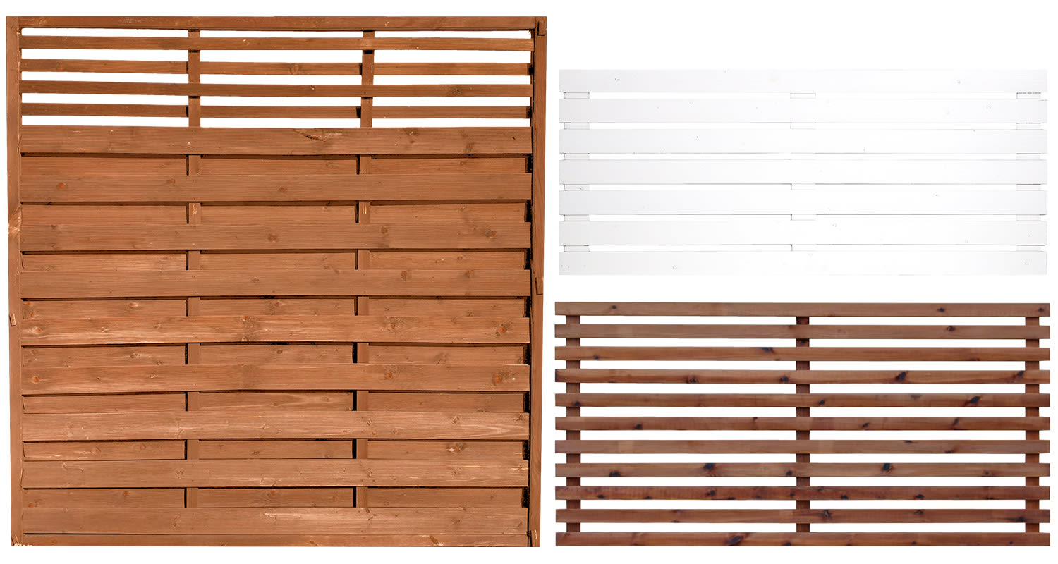 Kuvassa erilaisia aitaelementtejä K-Raudan valikoimista.