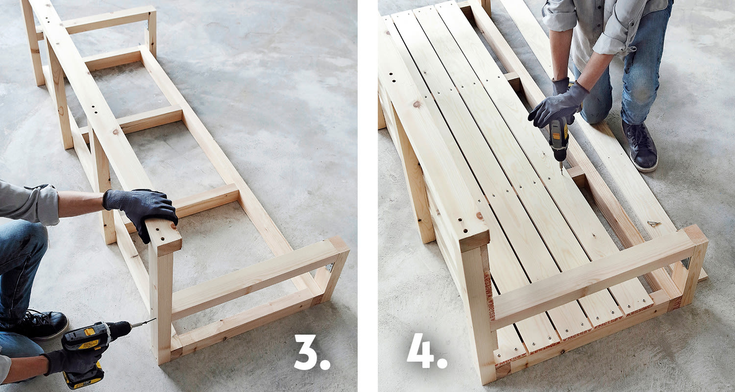 Riippukeinun rakentaminen sekä työvaiheet 3-4. Kuvassa mies kiinnittää käsinojaa sekä ruuvaa ja maalaa riippukeinua.