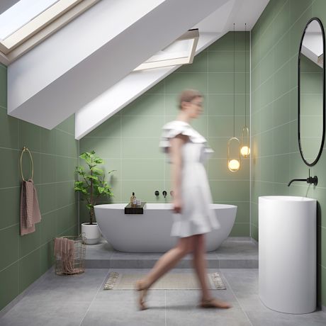 Lämpimän vihreät Fibo-levyt kylpyhuoneen seinässä