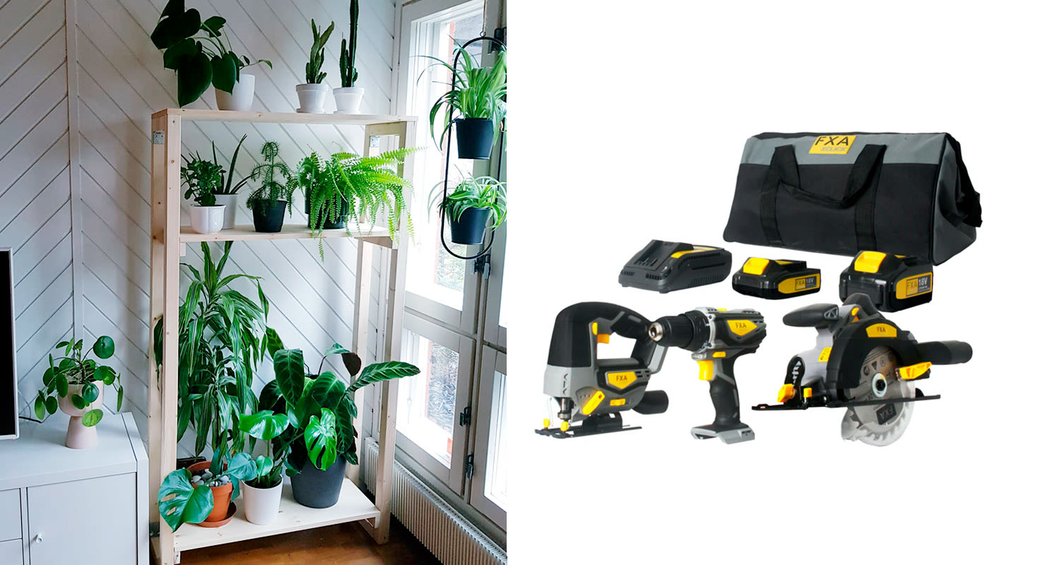 Moderni puinen kukkahyllykkö, joka on tehty K-Raudan FXA XCLICK -akkukonesarjan työkaluja hyödyntäen