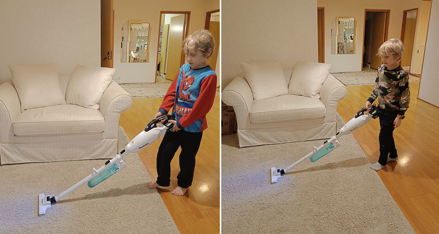 Mattojen imurointi käynnissä Makitan varsi-imurilla kotona. Imurin malli: varsi-imuri Makita DCL283ZWX1 18V LXT, imuria myy K-Rauta.