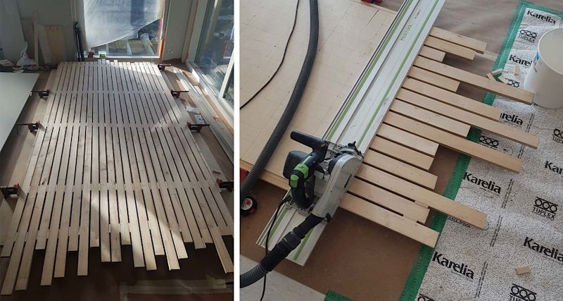 Vaalea puuritilä lattialla asennettavana, Festool-saha, imuletku ja Karelia-eriste.